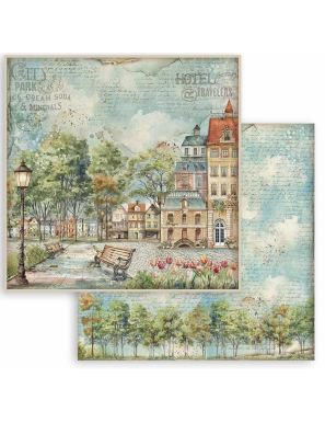 Pochette de 10 feuilles recto verso Stamperia Art of travelling