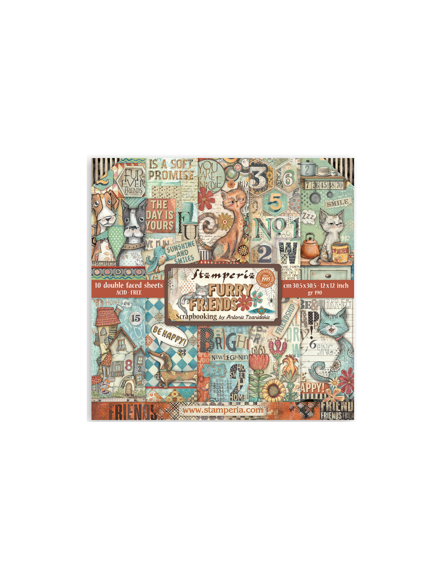Pochette de 10 feuilles recto verso Stamperia Furry Friends