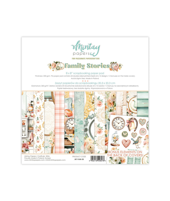 Mintay Papers Family Stories – Bloc papier scrapbooking 20,5 x 20,5 cm