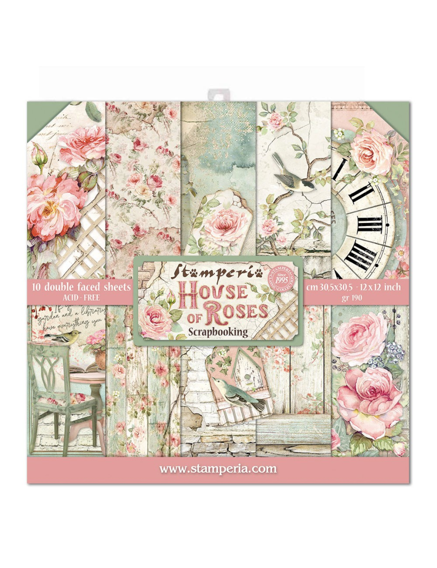 Pochette de 10 feuilles recto verso House of roses Stamperia