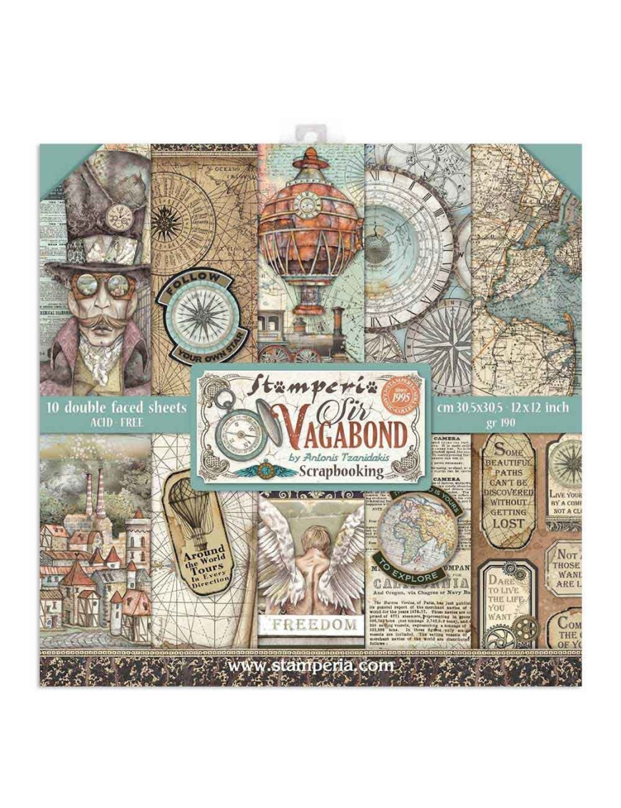 Pochette de 10 feuilles recto verso Sir vagabond Stamperia