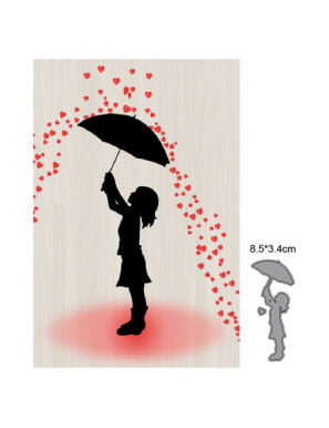 Die petite fille sous une pluie de coeurs